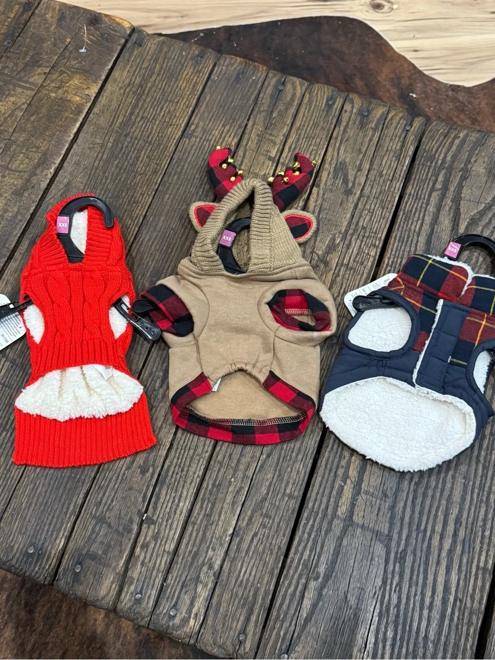 NWT Three XXS Dog Sweaters, Winter Jacket - Red, Navy, Plaid, Christmas Reindeer